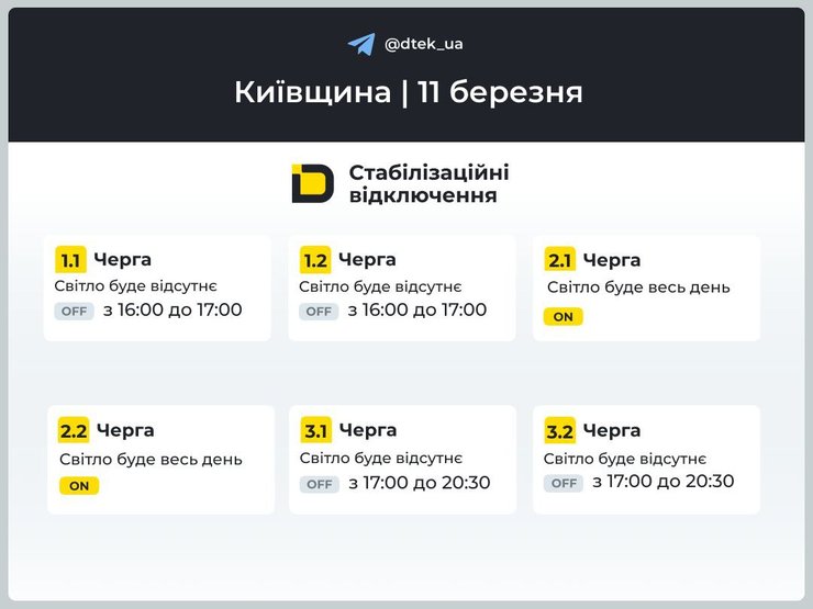 Киевщина графики отключений света 11 марта