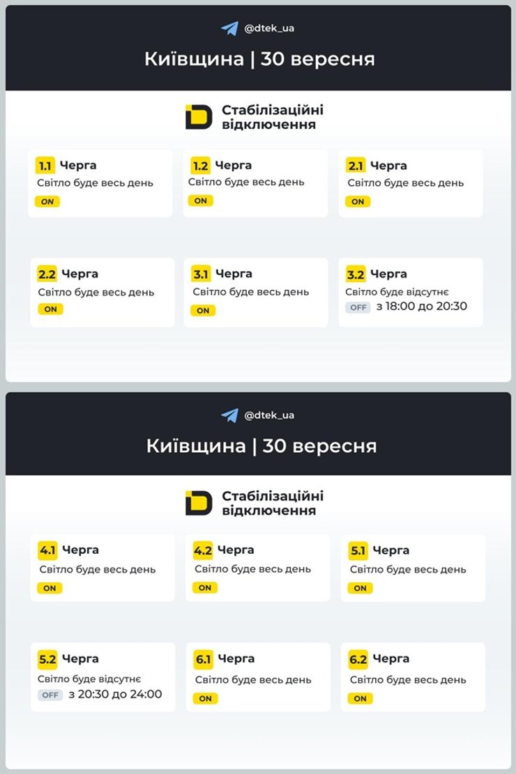 График стабилизационных отключений электроэнергии в Киевской области 30 сентября с указанием очередей и времени отсутствия электроэнергии