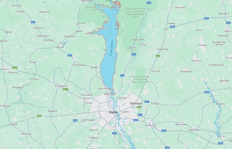 Обстрел 26 августа, Киев, Киевская ГЭС, дамба, карта, Киевска ГЭС на карте