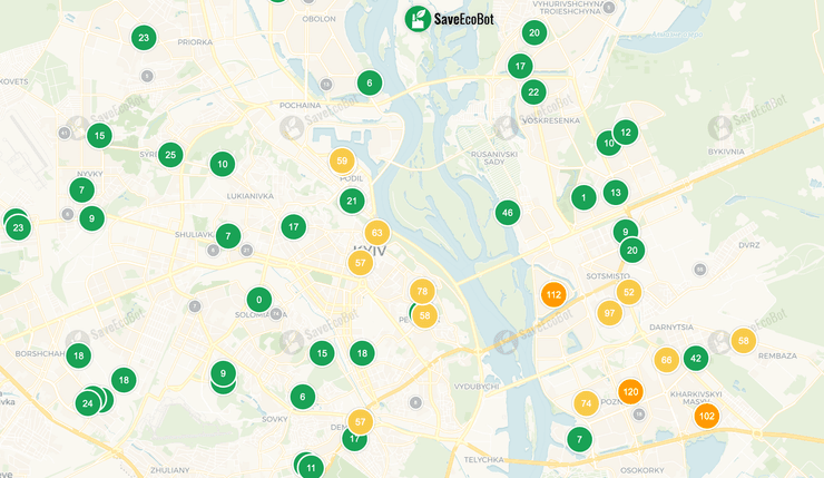 Карта задымления в районах Киева после ночной атаки