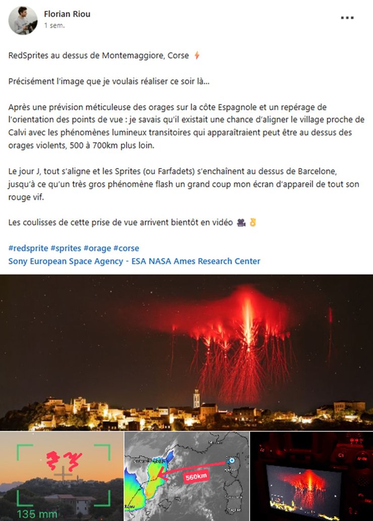 Фотограф Флоріан Ріу зафіксував рідкісні червоні спрайти над Корсикою на тлі гроз над Іспанією