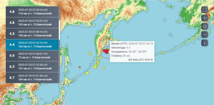 Сейсмічна активність на Камчатці 20 липня 2025 року