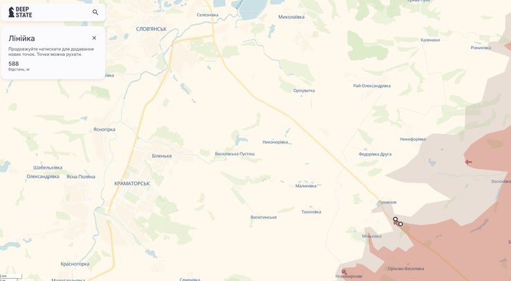 Фрагмент карты на отрезке Славянск-Привольное, DeepState, 2 февраля