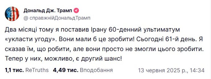 Реакція Трампа на удар Ізраїлю по Ірану і згадва про ультиматум