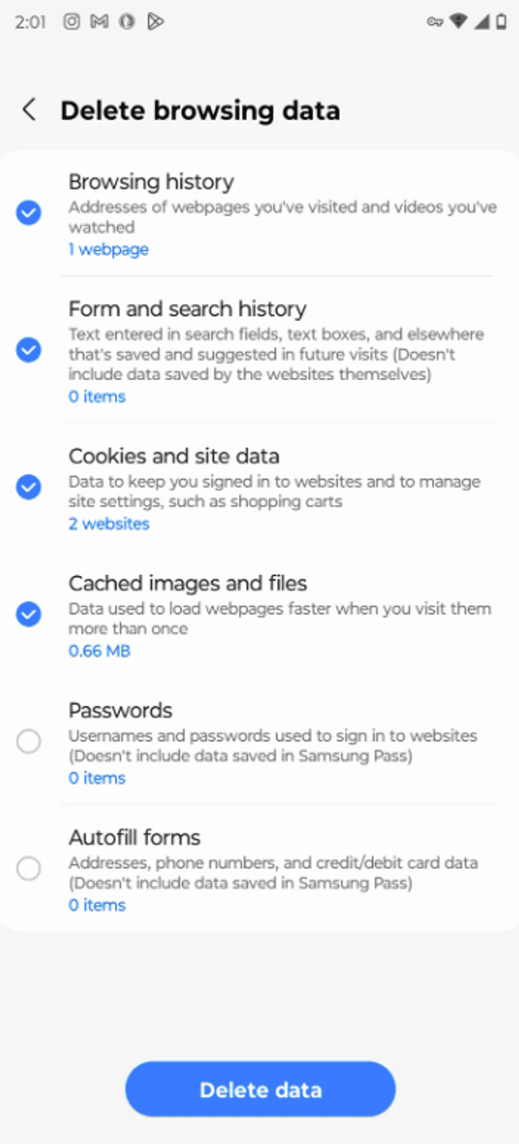 як очистити дані Samsung Internet