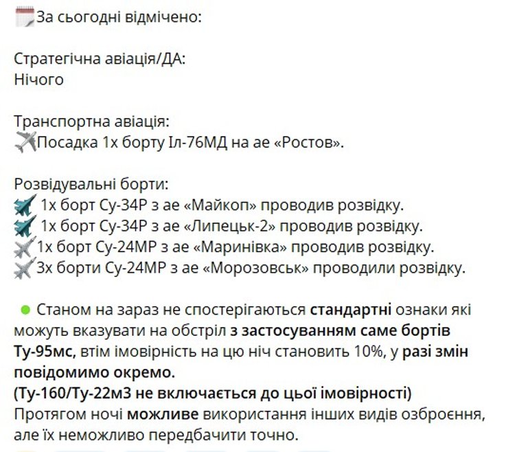 Скриншот сообщения о перемещении авиации ВС РФ 7 января