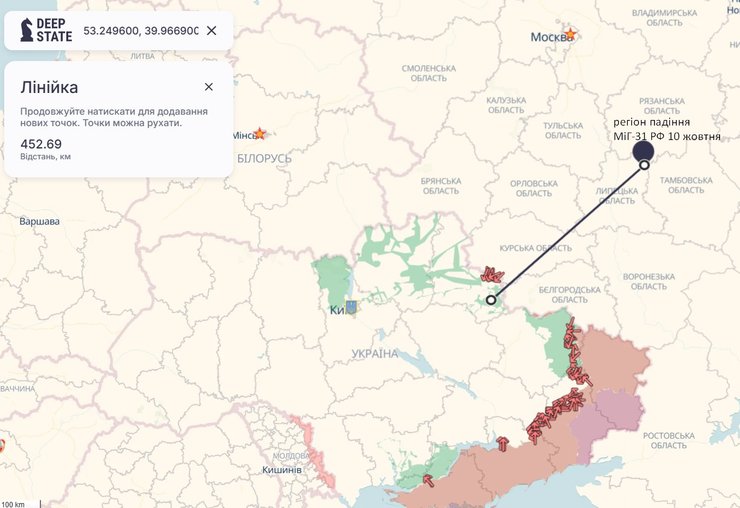 МіГ-31 у Липецькій області 9-10 жовтня упав за 400 км від України