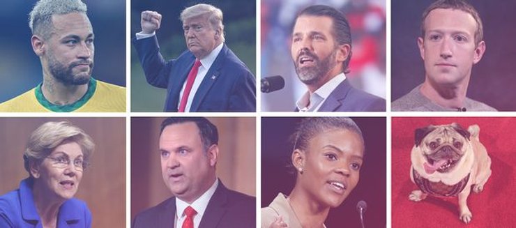 в верхнем ряду Неймар, Дональд Трамп, Дональд Трамп-младший и Марк Цукерберг, а в нижнем ряду - Элизабет Уоррен, Дэн Скавино, Кэндис Оуэнс и Мопс Дуг.