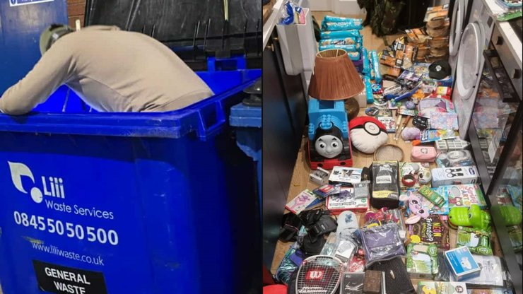 Чоловік займається сміттєвим дайвінгом у контейнері магазину і показує велику кількість цінних знахідок