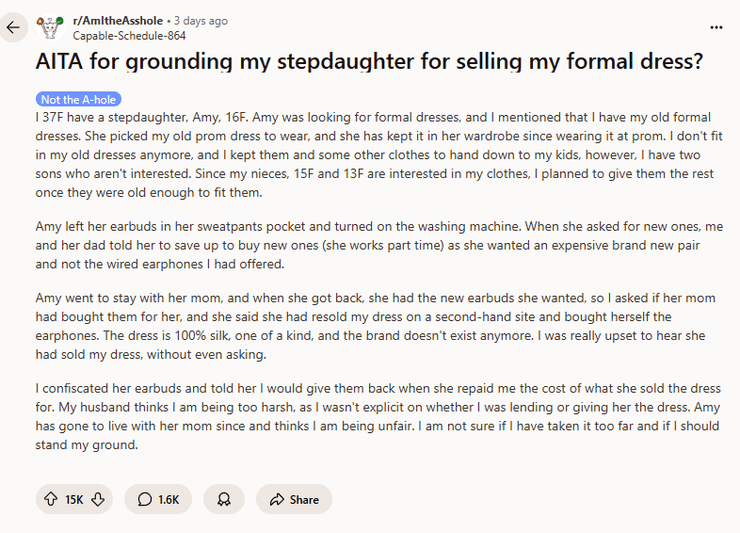 Мачуха і падчерка, сімейний конфлікт, Reddit історія, продаж сукні, покарання дитини, шовкова сукня, рідкісна сукня,