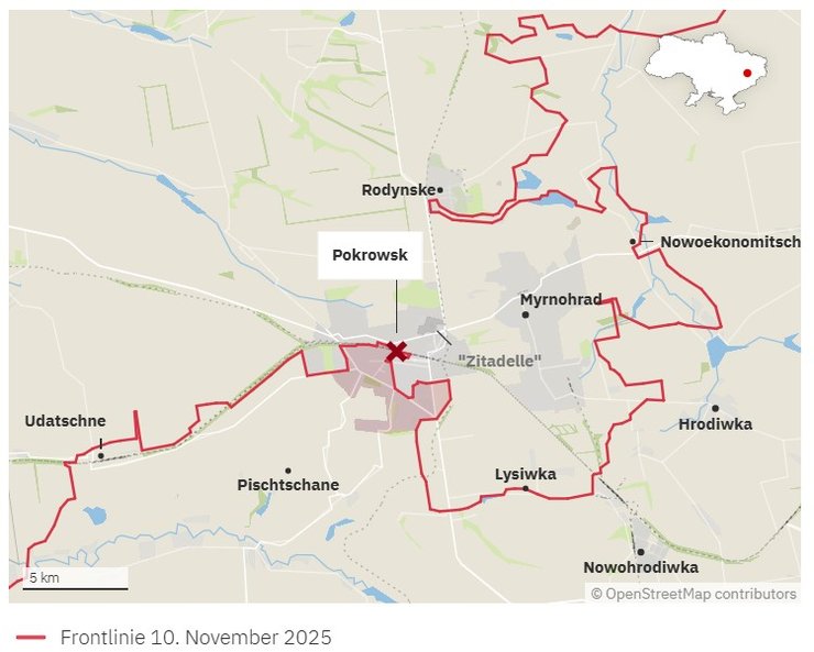 Карта боїв у  Покровську-Мирнограді 10 листопада за версією NTV