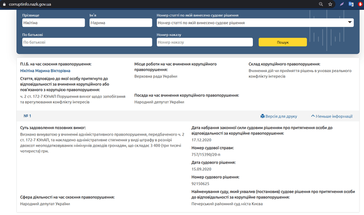 корупціонери, реєстр, корупція, нардеп, никитина, парламентарій