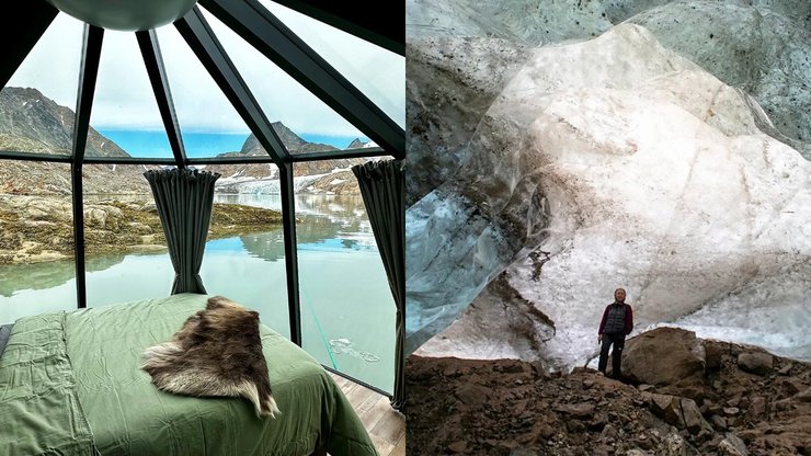 Вид із плавучої хатини зі скляною стелею на крижану бухту Східної Гренландії і журналістка біля входу в льодовикову печеру