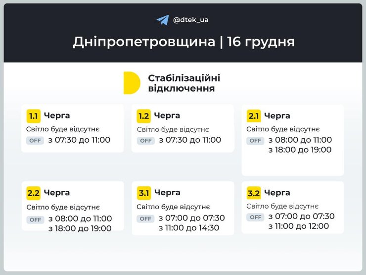 графики отключены света, отключение света, 16 декабря, веерные отключения, отключение электроэнергии, Днепропетровская область