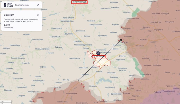 Наступление РФ на Константиновку и расстояние между зубцами клещей 20 км