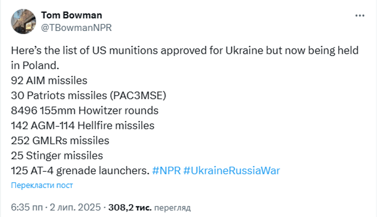 кількість зброї від США