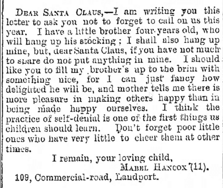 Старинный газетный вырез с письмом девочки к Санте, опубликованным в Великобритании