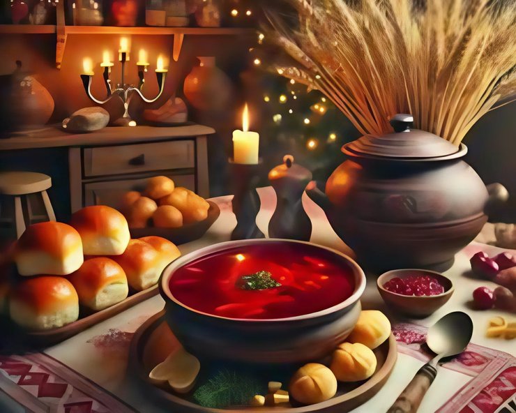 12 блюд на Рождество, рождественский стол, борщ, пампушки