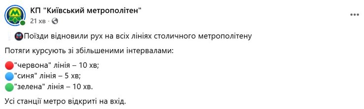 скрин допису Київського метрополітену про ситуацію увечері 8 жовтня