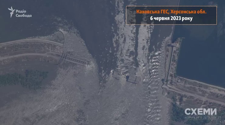 Спутниковое фото Каховской ГЭС, 6 июня