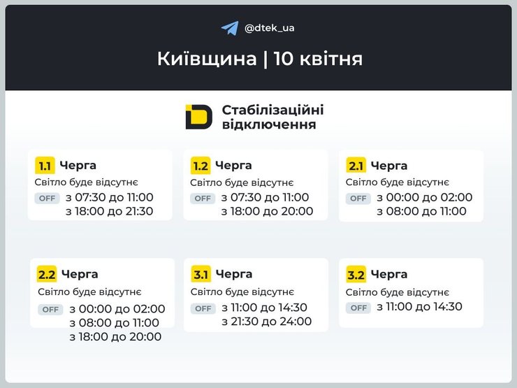 Киевщина графики ДТЭК 10 апреля 1-3 очереди