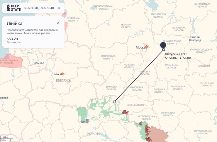 Карта с расстоянием от Шатурской ГРЭС до Украины