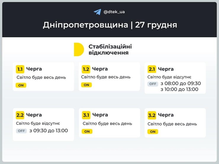 Графіки відключень на Дніпропетровщині на 27 грудня