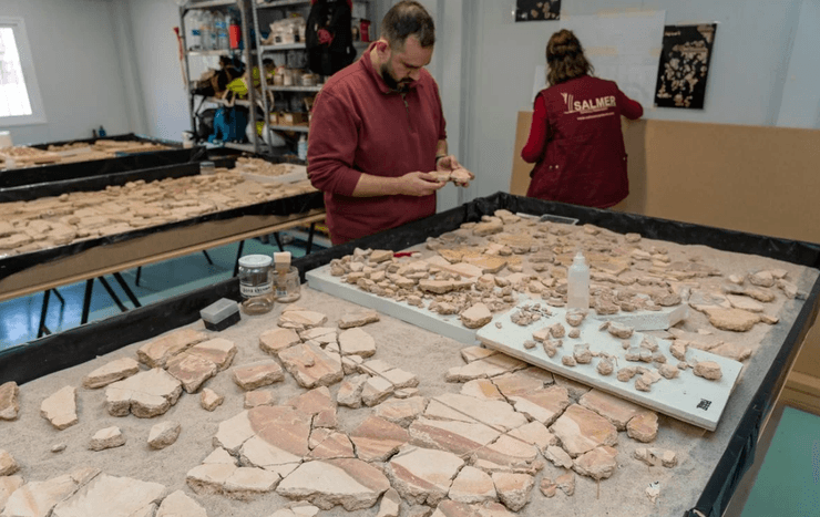 исследователь, исследования, раскопки, испания, римская империя, археология, археолог, археологические исследования, сад, фрагмент росписи, роспись, римский театр, картахена, древний город,