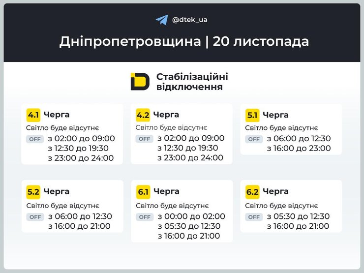 Вимкнення світла 20 листопада — оновлення графіків ДТЕК