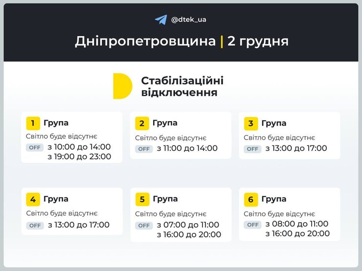 Графики отключений, ДТЭК, Днепр, Днепропетровская область, 2 декабря