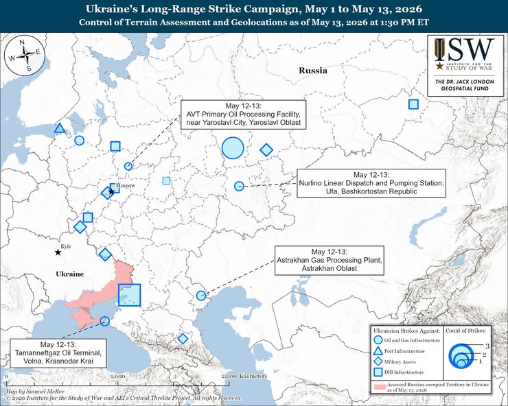 інфографіка з діпстрайками по РФ 1-13 травня, ISW