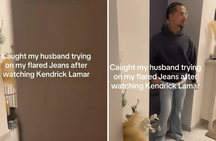 Одежда, женская одежда, женщина выбирает одежду, мужчина надел женские брюки, стиль певца Кендрика Ламара, мужчина надел штаны жены,