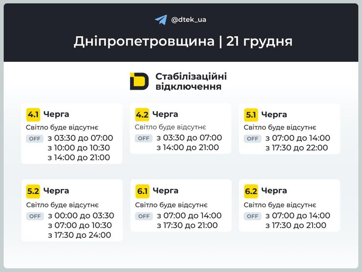 Графіки відключень світла на 21 грудня для 4-6 черг у Дніпропетровській області