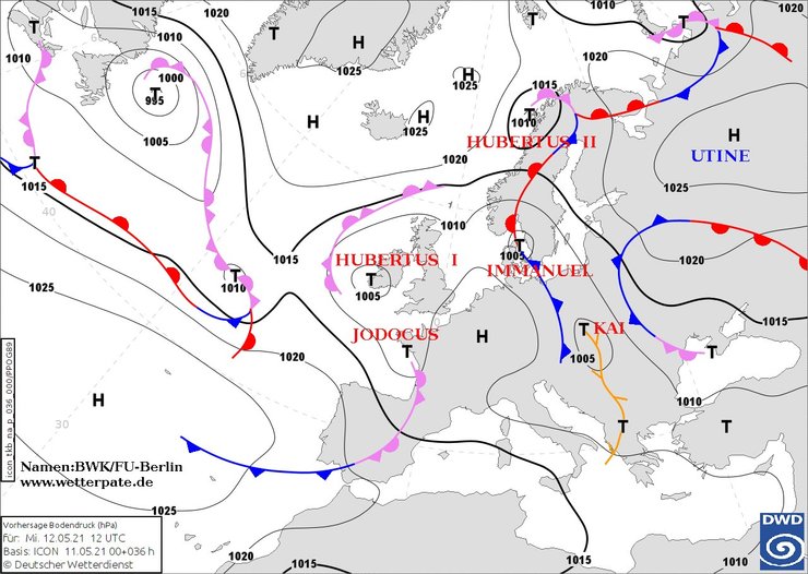карта, циклоны, европа, 12 мая