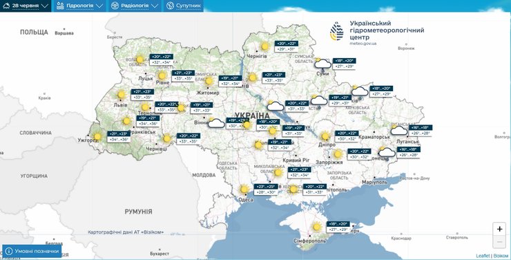 Прогноз погоды на 28 июня на карте "Укргидрометцентра"