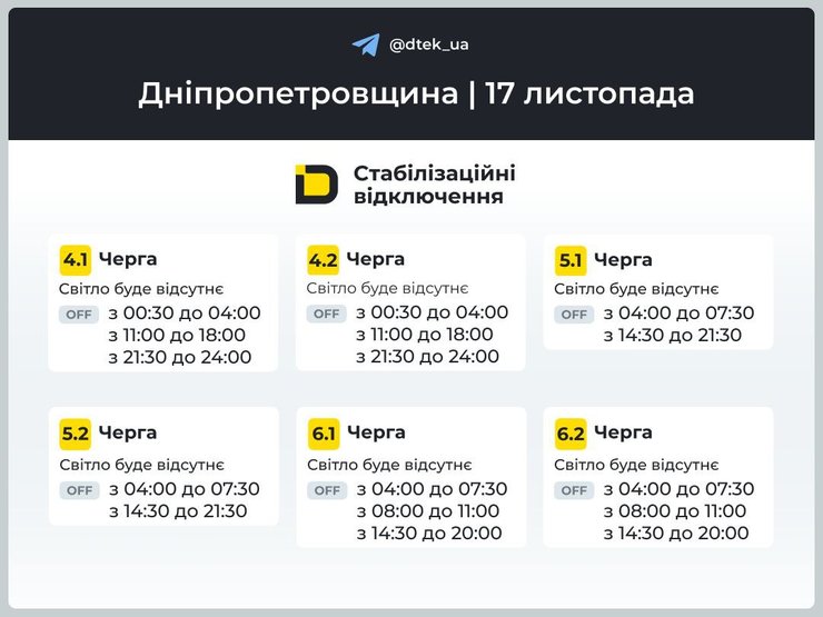 Отключение света 17 ноября в Днепропетровской области Графики отключения света 17 ноября в Днепропетровской области