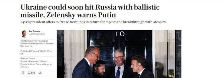 скриншот заголовку The Telegraph про попередження Зеленського