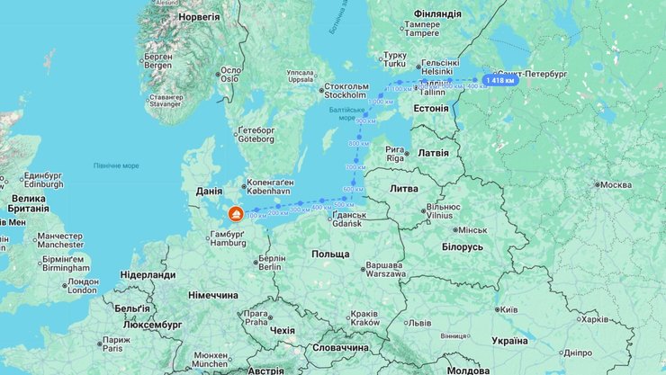 карта з зоною біля Данії, у якій стріляв фрегат РФ 14 вересня