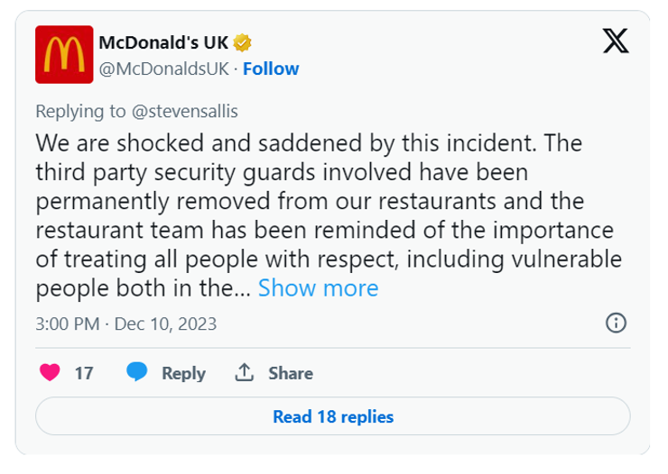 McDonald's, курьезы, бездомный, охранник, скандал, видео, Великобритания