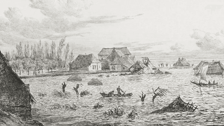 Гравюра, изображающая разрушение прибрежного города штормами и наводнением