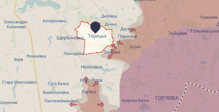 В Торецке до большой войны с РФ проживало около 35 тысяч человек. Карта DeepState