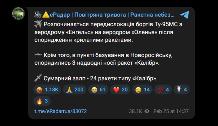 Публикация военно-аналитического Telegram-канала "еРадар"