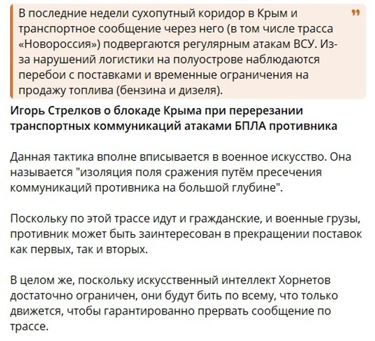 скриншот сообщения Гиркина о последствиях ударов Hornet для ВС РФ на юге, 1 июня