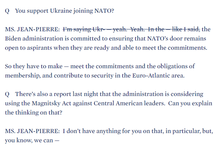 Слова представителя Белого Дома о поддержке США вступления Украины в НАТО вычеркнули из стенограммы