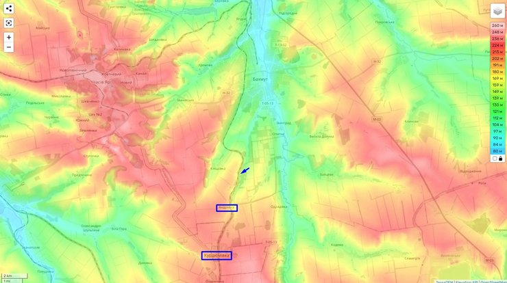 Топографическая карта местности возле Бахмута