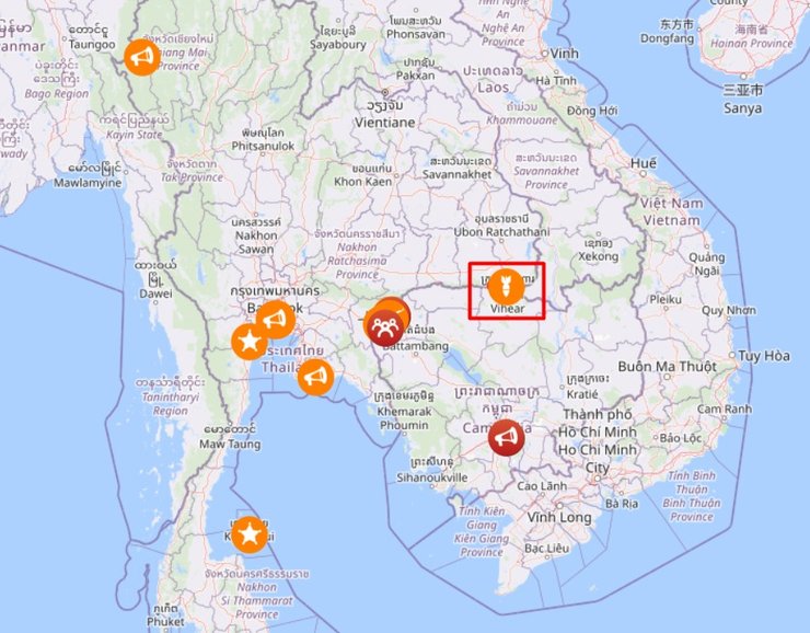 Карта ударів між Таїландом і Камбоджею 8 грудня