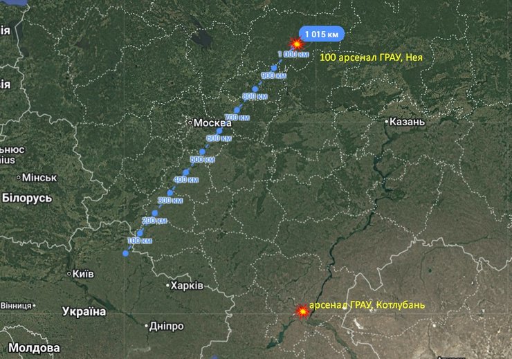 Карта с месторасположением арсеналов ГРАУ в Нее и Котлубане