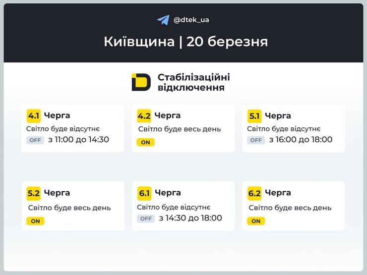 Графіки відключення світла у Київській області на 20 березня