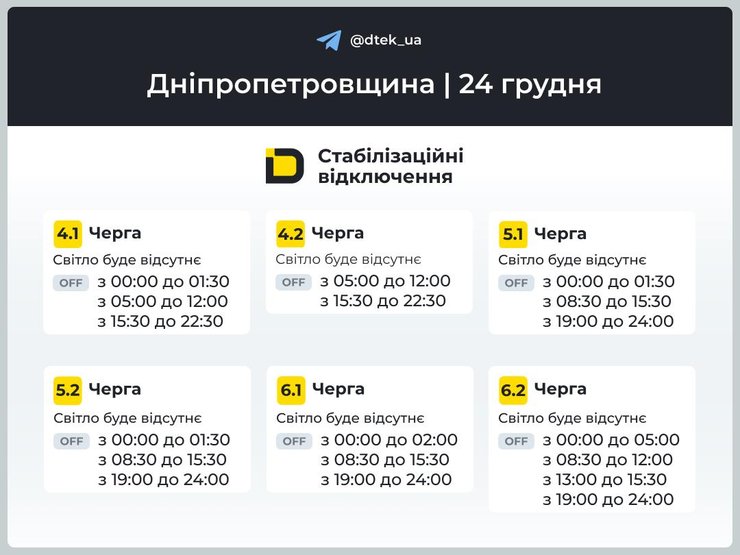 Графики отключений света в Днепропетровской области на 24 декабря