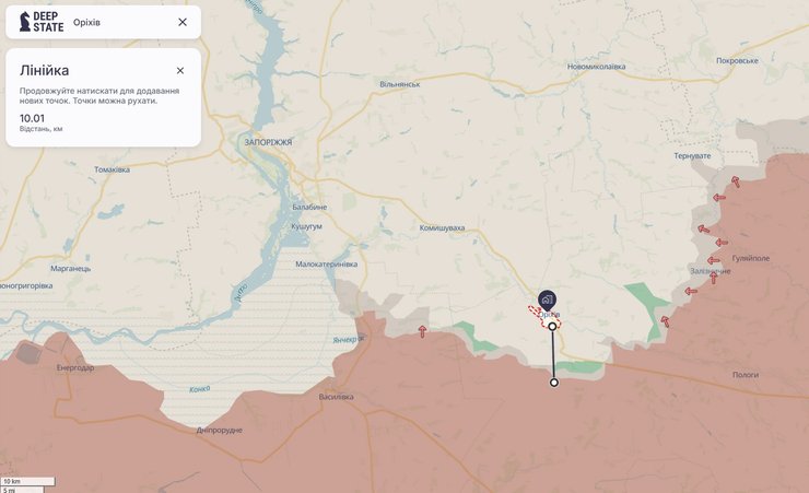 карта фронту біля міста Оріхові, яке обстріляли росіяни 12 липня